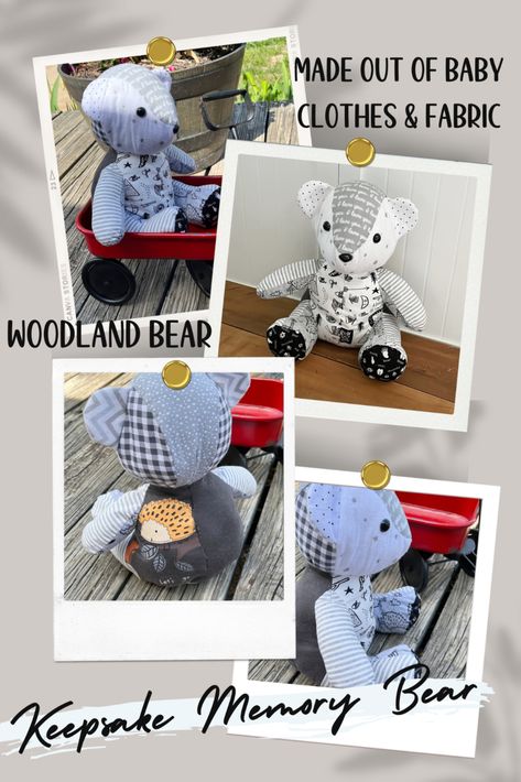 keepsake memory bear - the creative raccoon Baby Clothes Keepsake, Handmade Dinosaur, Patchwork Bear, Dinosaur Nursery Decor, Custom Teddy Bear, Bear Names, Keepsake Bear, Woodland Bear, Memory Bears