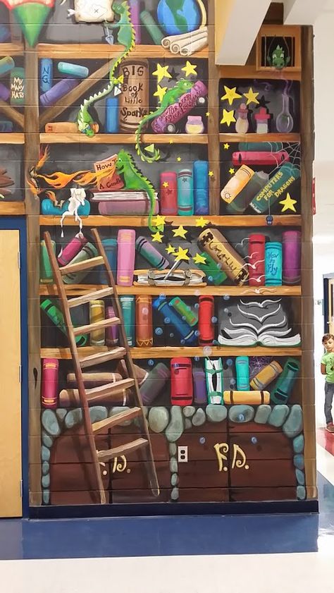 whimsical book shelf mural. Reading Mural Ideas, Book Week Room Display, Book Murals Wall Art, Book Character Mural, Ks1 Library, Bookshelf Mural, Book Wall Mural, Book Mural, Library Mural