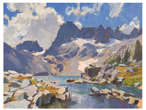 Gouache Landscapes, Mike Hernandez, Nathan Fowkes, Environment References, Mountain Painting, Watercolor Water, Island Lake, Gouache Art, Mountain Paintings