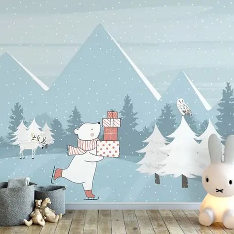 Winter Mural, Winter Forest Wallpaper, Huge Mountains, Owl Landing, Wallpapered Entryway, Bedroom Wallpaper Murals, Pink Clouds Wallpaper, Deer Wallpaper, Girls Room Wallpaper