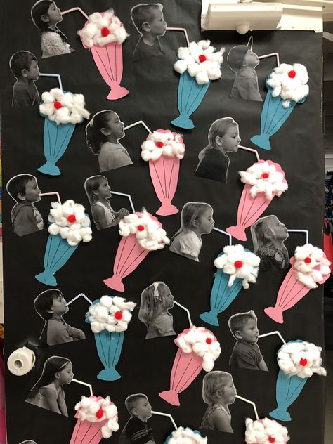 50s theme milkshake door! #preschool #bulletinboard #door #milkshake #50stheme #photo #craft #summer #icecream Candy Preschool Craft, 50th Day Of School 50s Theme, 50s Day Craft Kindergarten, 1950s Classroom Theme, 50s Diner Classroom Theme, 50s Day Activities Kindergarten, 50s Theme Classroom Door, Milkshake Craft Preschool, Milkshake Decoration Ideas