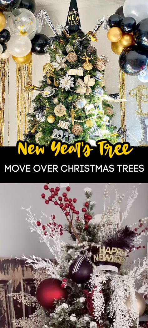 Move Over Christmas Trees. New Year's Trees Are The New Trend, And I'm Totally Down With It. New Years Tree Ideas, Year Round Decorated Tree, Year Round Christmas Tree Ideas, Holiday Trees Year Round, Christmas Tree With Balloons In It, Balloons For Christmas Trees, Balloons For Christmas Tree Balls, New Years Tree, Fall Flower Arrangements