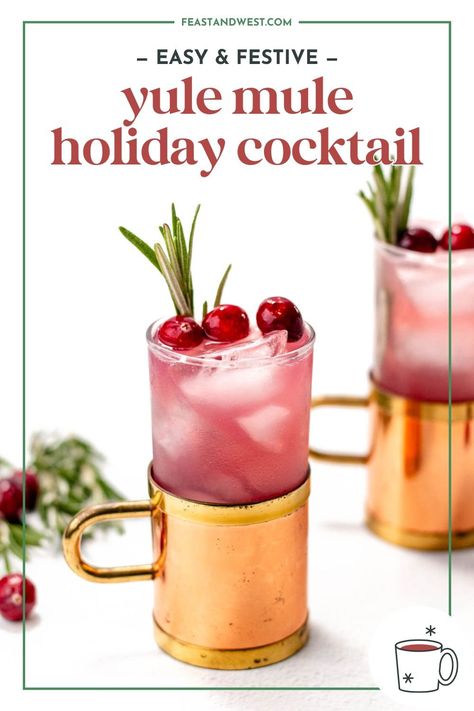 Based on the traditional Moscow Mule, the Yule Mule is a holiday Moscow Mule cocktail featuring ginger beer and cranberries. Tastes just like Christmas! Large Batch Moscow Mule Recipe, Pitcher Moscow Mule Recipe, Ginger Beer Christmas Cocktail, Ginger Beer Holiday Cocktail, Big Batch Moscow Mule, Batched Holiday Cocktails, Holiday Mules Cocktail Recipes, Christmas Cocktails Batch, Holiday Mule Cocktail