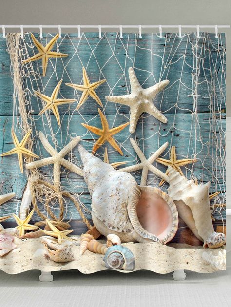 Waterproof Starfish and Shell Print Shower Curtain - Beach Theme Shower Curtain, Seashell Shower Curtain, Beach Theme Bathroom Decor, Beach Curtains, Nautical Shower Curtain, Bathroom Looks, Sea Style, Seashell Beach, Beach Theme Bathroom