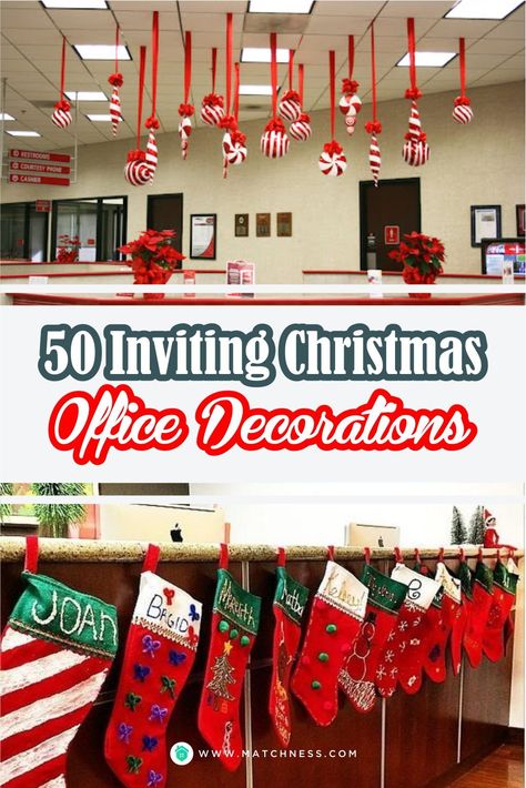 Christmas Fun In The Office, Holiday Decor Ideas For Office, Christmas Deco For Office, Christmas Work Decor Ideas, Christmas Party Office Decorations, Office Diy Christmas Decor, Christmas Themes Ideas Decorations Office, Christmas Decor Ideas For Work Party, Christmas Decor Ideas For Workplace