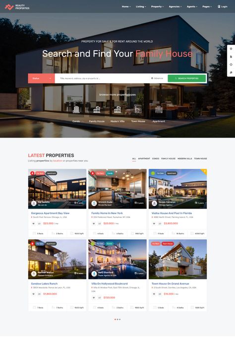 Reality is a highly customizable and versatile Multipurpose WordPress Theme specifically designed for the real estate industry. It offers multiple pre-designed homepage layouts and various features such as property listings, property search, and agent profiles. The theme is fully customizable, allowing you to add your own branding and style to the website. It comes with several features such as customizable header and footer options, blog section, and social media integration. Property Website Design Real Estates, Website Design Inspiration Real Estate, Header Website Design, Real Estate Website Design Inspiration, Real Estate Social Media Design, Real Estate Website Design, Gorgeous Apartment, Web Development Agency, Real Estate Site