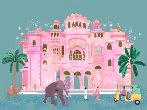 India Illustration Art Beautiful, Jaipur Illustration Art, Travel Illustration Design, Jaipur Illustration, Rajasthan Illustration, India Illustration, Jaipur Art, Indian Wedding Invitation Card Design, Indian Illustration