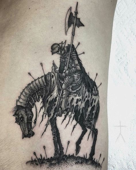 Gothic Horse Tattoo, Gothic Knight Tattoo, Dark Medieval Tattoo, Knight On Horse Tattoo, Knight Tattoo Medieval, Skull Knight Tattoo, Medieval Knight Tattoo, Medieval Tattoo Ideas, Knight Tattoo Design