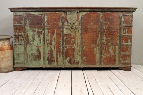 Antique Indian Pitara Trunk Distressed by hammerandhandimports, $1199.00 Wedding Chest, Farm Chic, Warm Industrial, Trunk Ideas, Painted Chest, Fun Furniture, Indian Furniture, Blanket Box, Media Console