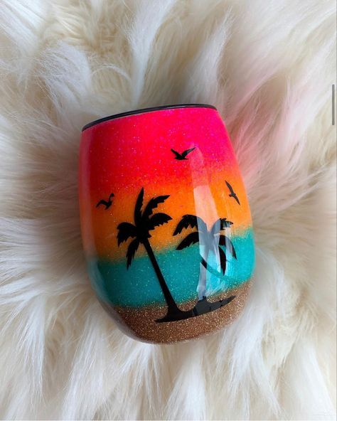 Custom beach sunset wine tumbler made to order IG @pink_sunflower_creations Sunset Tumbler, Resin Cups, Pink Sunflowers, Glitter Tumblers, Pink Sunset, Wine Tumbler, Wine Tumblers, Tumbler Cups, Beach Sunset