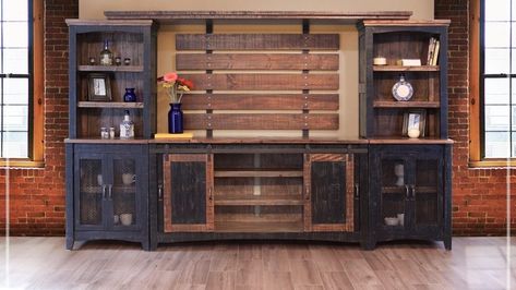 ifd370wallunit Rustic Entertainment Center, Barn Door Entertainment Center, Entertainment Center Wall Unit, Basement Living, Entertainment Wall, Entertainment Center Decor, Entertainment Room, Laurel Foundry Modern Farmhouse, Solid Wood Furniture