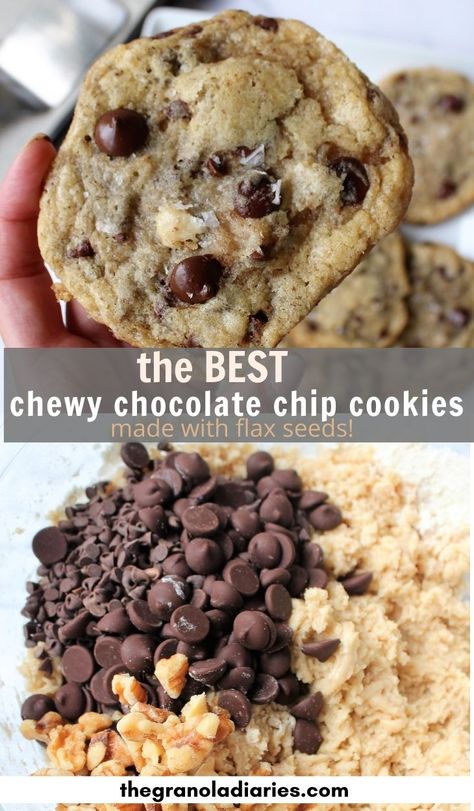 These chewy chocolate chip cookies pack some nutrition benefits with heart-healthy flax seed! They are made with no eggs - just use vegan butter and you can easily make them vegan! #flaxseed #chocolatechipcookies #easyrecipe #chewy #eggless Egg Free Chocolate Chip Cookies, Cookies Without Eggs, Eggless Chocolate Chip Cookies, Vegan Chocolate Chip Cookies, Healthy Chocolate Chip, Flax Seed Recipes, Choc Chip Cookies, Chewy Chocolate Chip, Chewy Chocolate Chip Cookies