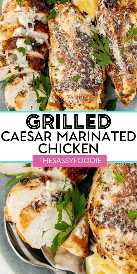 This grilled caesar marinated chicken recipe is a delicious way to jazz up boring chicken breasts. A tangy, homemade caesar dressing makes the perfect marinade for meaty chicken. Packed with garlic, lemon, zesty capers, and of course parmesan cheese, you'll wonder why you haven't used caesar dressing a marinade before! Cesar Salad Chicken Marinade, Grilled Chicken Salad Marinade, Grilled Chicken For Ceasar Salad, Chicken Ceasar Salad Marinade, Ceaser Chicken Marinade, Caesar Salad Chicken Marinade, Caesar Chicken Marinade, Grilled Chicken Caesar Salad Marinade, Chicken Marinade For Caesar Salad