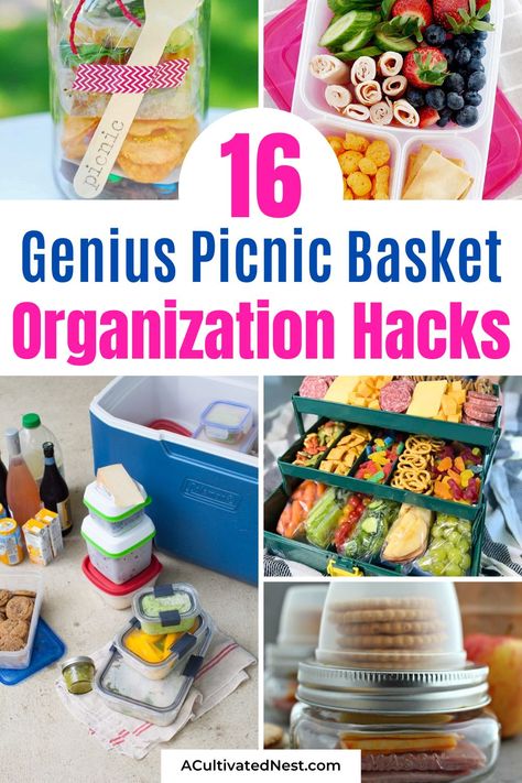 16 Ways to Organize a Summer Picnic Basket- Organize your summer picnic basket like a pro with these must-try tips and tricks! From Mason jar meals to plastic-free picnics, discover how to make your outdoor dining easy and stylish. Click to find your new picnic favorites! | #PicnicBasket #picnic #PicnicOrganization #organization #ACultivatedNest Picnic Storage Ideas, Picnic Organization Ideas, Picnic Basket Gift Ideas Diy, Diy Picnic Basket, Beach Picnic Basket, Picnic Basket Ideas, Picnic Hack, Picnic Gift Basket, Picnic Containers