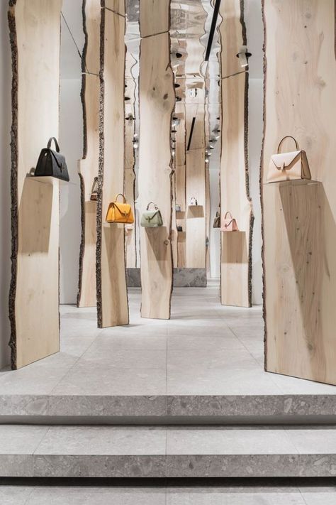 kengo kuma creates enchanted forest pop-up inside valextra's milan store Milan Store, Decoration Vitrine, Retail Space Design, Kengo Kuma, Retail Concepts, Retail Store Design, Boutique Interior, Retail Interior, Store Design Interior