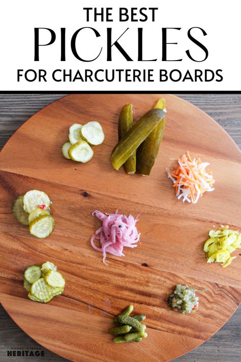 If you're in a pickle (ha!) and don't know what type of pickles to add to your board, here are my picks for the best pickles on a charcuterie board. You can purchase these at the grocery store, farmer's market, or better yet, make them yourself! Check out the blog to find out how to pair these with some of the items on your board. Cheese And Pickle Charcuterie Board, Charcuterie Board Pickles, Pickled Charcuterie Board, Pickle Charcuterie Board, Pickle Board, Ultimate Charcuterie Board, Types Of Pickles, In A Pickle, Best Pickles