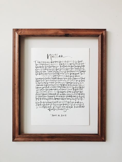 "Hand-lettered watercolor vows are the perfect display piece to keep those wedding memories fresh and a sweet reminder of your promises for years to come. Made to order and hand lettered individually for a unique piece. Vow prints are written on a thick white card stock for durability. Pricing reflects one set of two. Includes custom wording of your choice. Frames not included. Each print will be written in a vertical format but if you would like it written horizontally, please indicate that in Vows In Frame, Vows Printed, Framed Vows, Vow Art, Calligraphy Vows, Wedding Vow Art, Wedding Vow Renewal, Wedding October, Canvas Letters