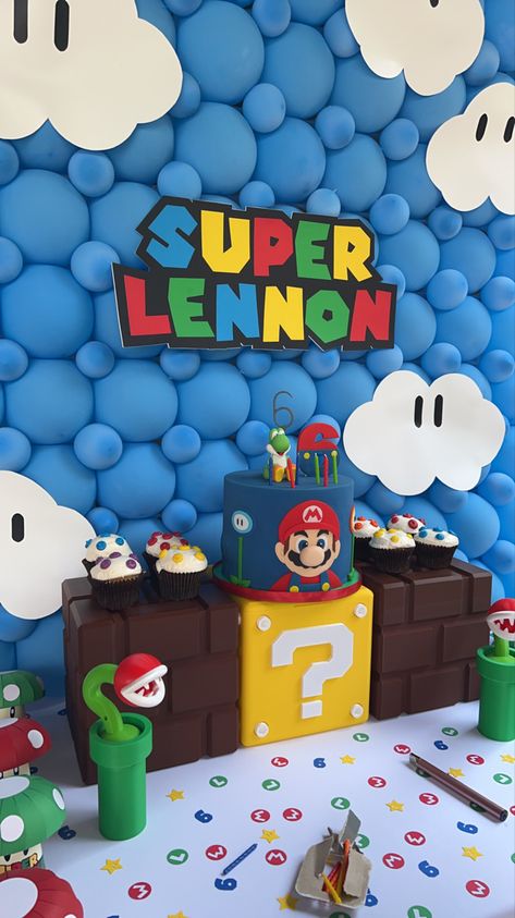 Mario themed birthday party Super Mario 4th Birthday Party, Mario Themed Birthday Party Decoration, Mario Theme Birthday Party, Mario 3rd Birthday Party, Mario Bday Party Ideas, 7th Birthday Party For Boys, Mario Kart Birthday Party, Mario Themed Birthday Party, Mario Bros Birthday Party Ideas