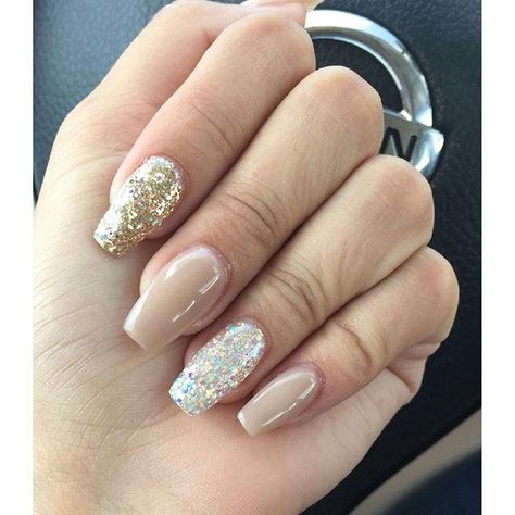 Love this set by Damari's Nails in Texas! She used Sepia Prizma, Heart of Gold Prizma and White Twinkling Stars Prizma! :nail_care::two_hearts::sparkles: Neutral Nails With Gold Glitter, Cream And Gold Nails, Nails Acrylic Champagne Gold, Gold Glitter Ombre Nails Short, Cream And Gold Glitter Nails, Light Brown Nails Design Gold Glitter, Gold Prom Nails, Prom Nails French, Texas Nails