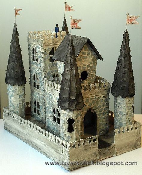 Hello everyone! I have a fun Sizzix tutorial to share with you today. When I made my Tall Grungy Houses a few weeks ago, they got me thinking about making a fairy tale castle using my Sizzix dies. I k How To Make A Castle Projects, 3d Paper Castle Template, School Castle Project, Castle School Project, Castle Projects For School, Medieval Castle Project, Cardboard Castle Diy, Clay Castle, Midevil Castle