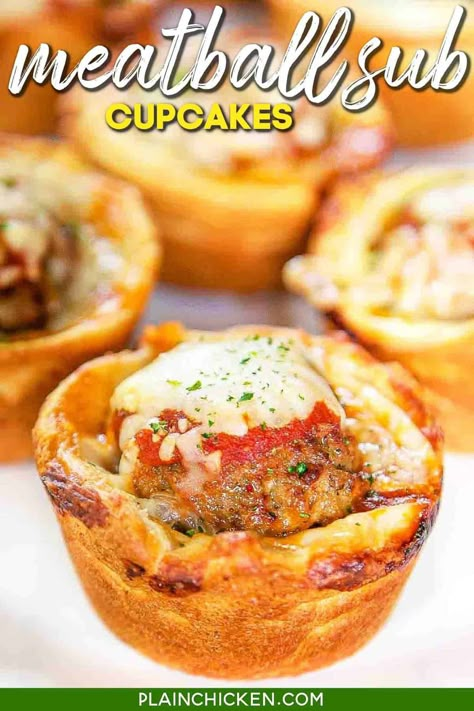 Meatball Cupcakes, Muffin Tin Meals, Meatball Sub, Tin Recipes, Meatball Subs, Frozen Meatballs, Muffin Tin Recipes, Plain Chicken, Dips And Appetizers