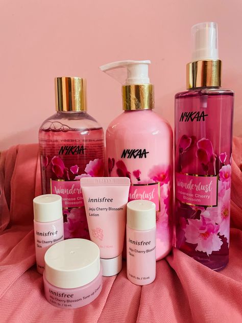 Cherry Blossom Shower Routine, Nykaa Perfumes, Cherry Skincare, Princess Night Routine, Nykaa Products, Clearest Skin, Night Routine Ideas, Chocolate Blonde, Pink Lounge