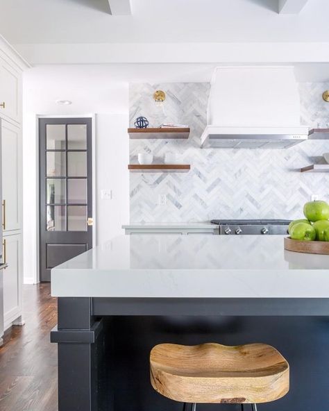 Great Kitchens!️️️ Every day! on Instagram: “Love the marble backsplash and the open shelves. What a great combo! Great job @clearcutandco” Farmhouse Kitchen Cabinet Decor, White Herringbone Backsplash, Glass Pendant Lights Kitchen, Light Fixtures For Kitchen, Backsplash Herringbone, Modern Farmhouse Kitchen Cabinets, Pendant Lights Kitchen Island, Lights Kitchen Island, Glass Pendant Lighting Kitchen