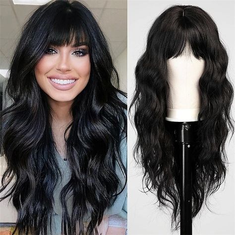 Black Wig with Bangs for Women Long Wavy Hair Wig Black Wig Curly Wavy Synthetic Wigs for Girls Daily Party Use 2024 - $22.99 Natural Bangs, Black Wig With Bangs, Bangs For Women, Wig Curly, Hair Streaks, Natural Wigs, Ombre Wigs, Long Hair With Bangs, Wig With Bangs