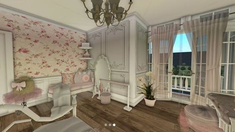 Cute Cottage Layout, Coquette Nursery Bloxburg, Luxury Bedroom Bloxburg, Coqquete Bloxburg House, Realistic Bloxburg Nursery, Bloxburg Fancy Bedroom Ideas, Coquette Bloxburg Interior, Vintage Bloxburg Room, Bloxburg Bohemian House