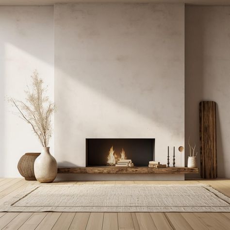 Japandi fireplace - 11 Stunning but Modest Examples Japandi Fireplace Decor, Bali Fireplace, Japandi Fireplace Wall, Danish Fireplace, Drywall Fireplace With Mantle, Japandi Fireplace Design, Microcement Fireplace, Fireplace Decor Diy, Modern Organic Fireplace