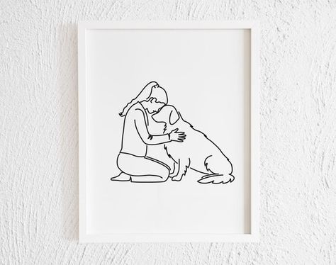 Me And My Dog Drawing, Women And Dog Tattoo, Dog Line Art Golden Retriever, Woman And Dog Drawing, Golden Retriever Line Drawing, Dog Line Illustration, Dog Minimalist Drawing, Golden Retriever Line Art, One Drawing Line