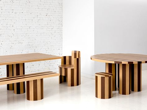 Fort Standard's new Cooperage collection, made from alternating stripes of light and dark wood, launched this week in New York at Colony Design. Contemporary Round Dining Table, Dining Room Table Marble, Minimal Furniture, Minimalist Dining Room, Modern Dining Room Tables, Led Furniture, West Village, Rectangular Dining Table, Furniture Companies