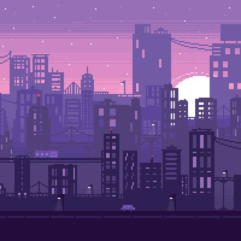 A pink and purple sunset city with twinkling lights Pixel City Background, Pixel Art Building 2d, Pixel Art City Night, Pixel City Wallpaper, 64 Bit Pixel Art, City Aesthetic Drawing, City Background Art, 8 Bit Background, Pixel Game Aesthetic