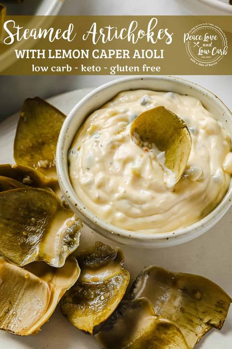 This simple Steamed Artichokes Recipe is the perfect side dish to pair with just about any protein. They are tender and meaty and whether you serve them with aioli, melted butter, or mayo, they are sure to become a family favorite. Steamed Artichoke, Boom Sauce, Gina Livy, Steamed Artichokes, Keto Dips, Steam Artichoke, Garlic Aioli Recipe, Homemade Aioli, Peace Love And Low Carb