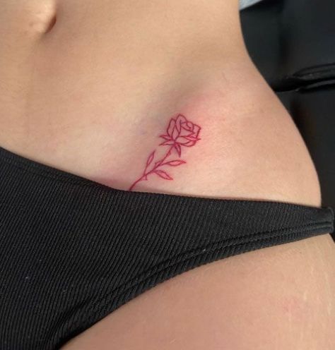 Red Rose Hip Tattoo, Small Pelvic Tattoos Women, Red Ink Rose Tattoo, Red Hip Tattoo, Red Small Tattoos, Small Thigh Tattoo, Rose Hip Tattoo, Pelvic Tattoo Hip, Small Hip Tattoos Women