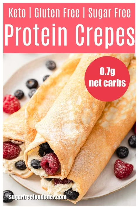 Protein crepes are a delicious and super easy low carb breakfast or high protein snack. These gluten free keto crepes contain just 4 ingredients and are ready in 10 minutes. Only 0.7g net carbs and 19.9g protein per crepe! #proteincrepes #ketocrepes Protein Crepes Recipe, Protein Crepes, Easy Low Carb Breakfast, Low Carb Crepe, Sugar Free Nutella, High Protein Snack, Keto Gluten Free, Peanut Butter Protein Bars, Bariatric Food