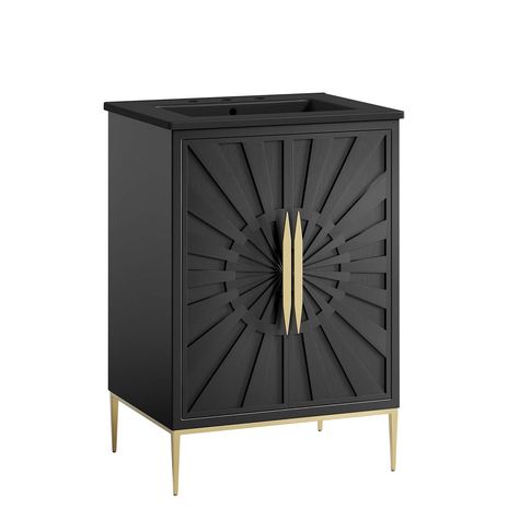 PRICES MAY VARY. CONTEMPORARY BATHROOM VANITY - Brighten your bathroom space with the modern silhouette, gold details, and rays of clean lines that radiate from this bathroom vanity SOLID CONSTRUCTION - Refreshing a bathroom with modern design, this vanity cabinet is crafted with solid wood and MDF and rests on a sturdy base with non-marking foot caps BATHROOM STORAGE - Keep counter space clean and organize bathroom essentials with the ample storage space that the open shelving provides with a s 24inch Bathroom Vanity, Cabinet Installation, 24 Inch Bathroom Vanity, Black Vanity Bathroom, 36 Bathroom Vanity, Bathroom Vanity Cabinet, Sink Basin, Contemporary Bathroom Vanity, Single Sink Bathroom Vanity