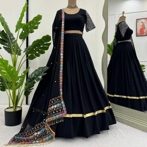 Lehenga: Fabric: Faux Georgette Work: Lace border Size: Up to 44 Inner: Micro Type: Semi-stitched Flair: 3.5 meters with canvas pata Choli: Fabric: Faux Georgette Inner: Micro Work: Thread with 9mm sequins Size: Up to 44 (Unstitched) Dupatta Fabric: Faux Georgette Work: Thread with sequins and fancy lace border Weight :- 1.300kg Damage-Free, Order Fast. To Order: Send photo & this description message. Price :1899/- Free Shipping Code: SRY107 WhatsApp: 7799900546 NO COD Replacement is ... Lehenga Lace Border, Black Lehenga Party Wear, Black Choli, Reception Lengha, Designer Chaniya Choli, Mehendi Dresses, Black Lehenga Choli, Lehenga Choli For Women, Bridesmaid Lehenga