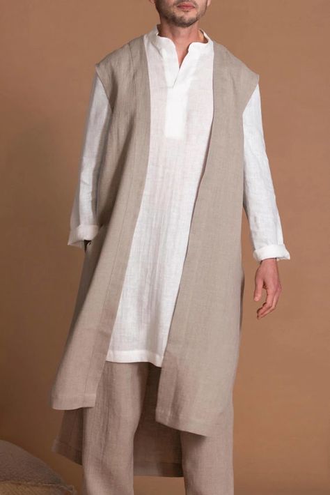 Men's Linen Tops & Tunics | Custom Flax Clothes for Men | Shantima Genderless Clothing, Tunic For Men, Authentic People, Linen Duster, Long Linen Shirt, Jumpsuit Linen, Mens Smart Casual Outfits, Gay Outfit, Linen Tops