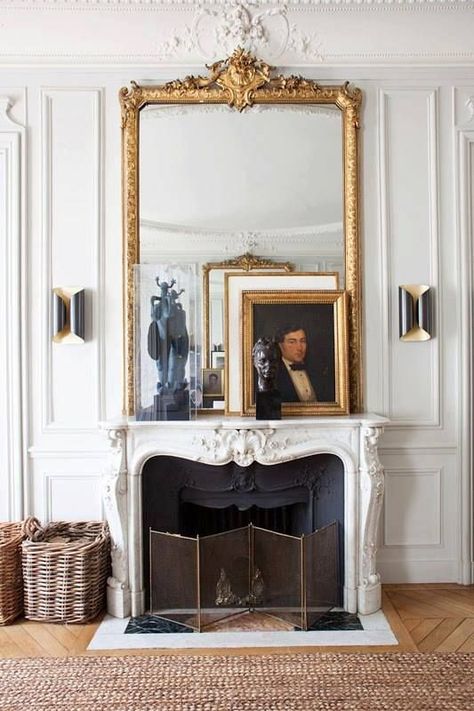 Parisian Fireplace, Paris Apartment Decor, Parisian Living Room, Parisian Apartment Decor, Modern Parisian, French Fireplace, Parisian Decor, Parisian Interior, French Interior Design