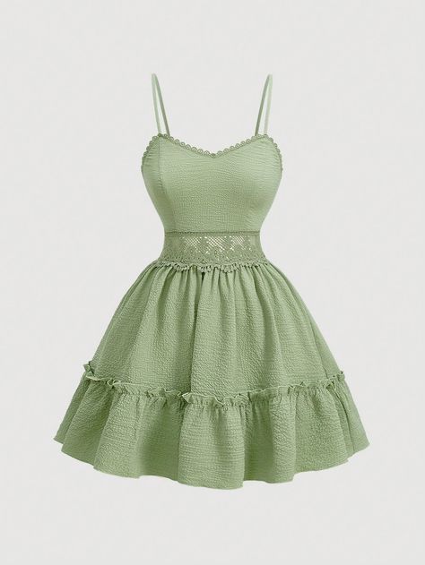 Women's Solid Color Lace Patchwork Spaghetti Strap Dress Green Casual  Sleeveless Woven Fabric Plain Cami Slight Stretch  Women Clothing, size features are:Bust: ,Length: ,Sleeve Length: Sage Green Fits, Cute Green Dress, Pastel Green Dress, Fairycore Fashion, Green Sundress, Grad Outfits, School Dance Dresses, Olive Green Dress, Green Silk Dresses