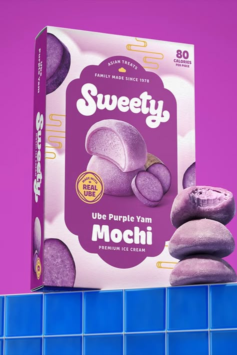 Mochi ice cream is a frozen dessert made by wrapping balls of ice cream with mochi, a type of Japanese rice cake. The chewy mochi adds textural contrast to the soft ice cream filling, and it has become a popular treat since first appearing on the market four decades ago. Mochi Packaging Design, Ice Cream Box Packaging, Mochi Packaging, Fmcg Packaging, Japanese Rice Cake, Mochi Ice, Soft Ice Cream, Mochi Ice Cream, Ice Cream Packaging