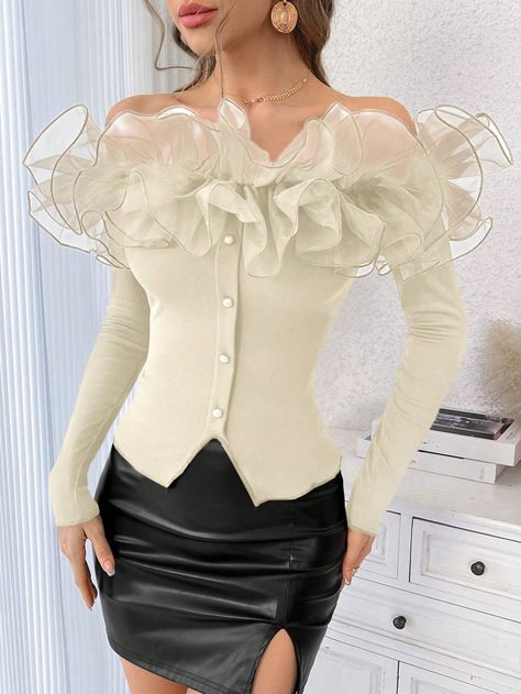 SHEIN Privé Exaggerated Mesh Ruffle Trim Off-Shoulder Long Sleeve T-ShirtI discovered amazing products on SHEIN.com, come check them out! Blouse For Wrapper, Blouse Pattern Free, Classy Tops, Fairy Gown, Lace Shirts, Moroccan Fashion, Fancy Tops, Shirts Women Fashion, Fashion Influencer