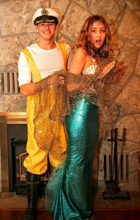 DIY Meermaid & Fisherman Halloween Couple Costume Idea Diy Sailor Costume, Sailor Costume Diy, Mermaid And Sailor, Fisherman Costume, Bra Diy, Halloween Couple Costume, Mermaid Costume Diy, Halloween Costumes Diy Couples, Sailor Costume