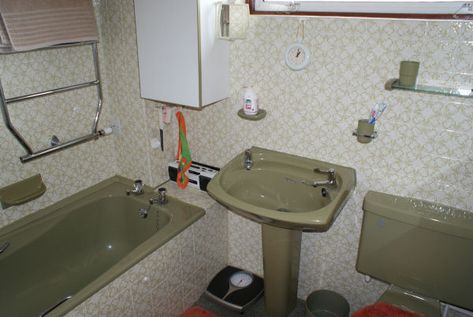 1970's Bathroom suites in hideous colours! 1970 Bathroom, Avocado Bathroom Suite, Avocado Bathroom, 1980s Bathroom, Vinyl Flooring Bedroom, 80s Bathroom, Living Room Floor Tiles, Tiles Living Room, Bathroom Vinyl