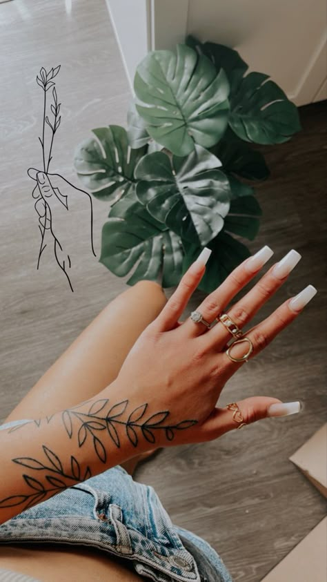 Ivy Finger Tattoos For Women, Leaves Tattoo Hand, Finger Tattoos Leaves, Maiden Name Tattoo Placement, Sleeve Fillers For Women Tattoo Ideas, Hand Leaf Tattoo, Palm Size Tattoos Ideas For Women, Arm Tattoo Leaves, Leaf Hand Tattoo