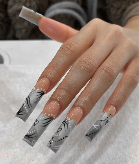 Grey Nails, Gray Nails, Long Square Acrylic Nails, Bling Acrylic Nails, Square Acrylic Nails, Nails Inspo, Dope Nails, Beautiful Nails, Makeup Nails