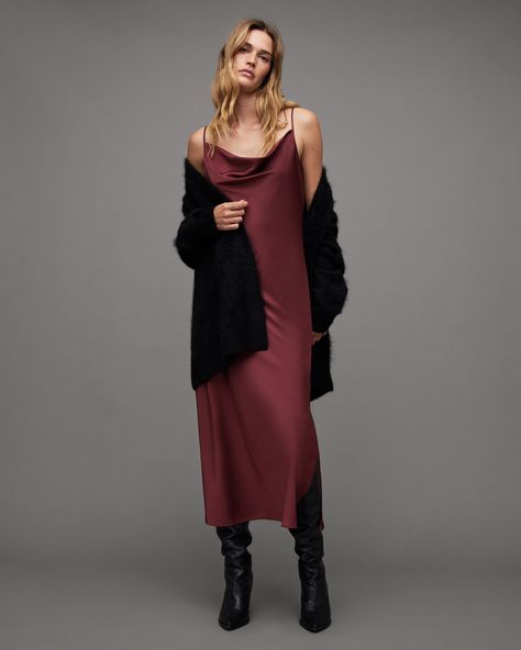 Shop the Hadley Cowl Neck Midi Slip Dress in WINTER ORCHID RED at ALLSAINTS Canada from our collection of Dresses. Free shipping on orders over 270 CAD. Slip Dress And Boots, Slip Dress In Winter, Slip Dress Winter, Slip Dress Styling, Burgundy Slip Dress, Brown Slip Dress, Alaska Cruise Outfits, Amara Dress, Dress In Winter