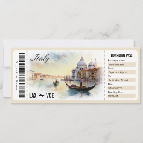 Surprise Italy Boarding Pass Gift Certificate Make Memories, Gift Certificate, Graduation Invitations, Gift Certificates, Custom Invitations, Surprise Gifts, Birthday Anniversary, Paper Texture, Sign Poster