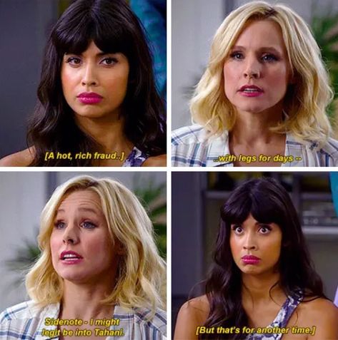 Eleanor is so into Tahani. . . . . . . . #thegoodplace #tahanialjamil #kristenbell #jameelajamil #eleanorshellstrop #netflix #telenor… The Good Place Tahani And Eleanor, The Good Place Tahani X Eleanor, Tahani Al-jamil, Tahani Al Jamil Aesthetic, Good Place Tahani, The Good Place Cast, Jameela Jamil, Beautiful Tumblr, Brooklyn 99